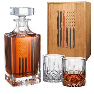 Firefighter Tactical Red Tattered American Flag Whiskey Decanter Gift Set 730ML Decanter 2 Whiskey G