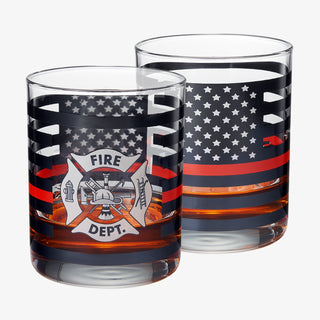 Firefighter Whiskey Glasses Set Of 2 12 Oz Old Fashioned Liquor Glasses American Flag Red Line Fire