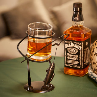 Fisherman Fishing Whiskey Wine Water Glass Glass Metal Cup Holder Hook Line Whiskey Scotch Liquor Cu