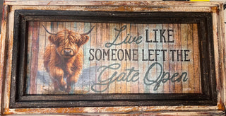 Painted Highland Cow Wood Frame "Gate Open" Sign 30.75 in x 14.5 in