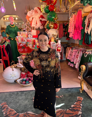 Queen of Sparkles QOS Black, Gold & Rose Gold Firework Jeweled Midi Sweater Dress