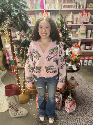 Queen of Sparkles - Light Pink Trucks With Christmas Tree Cardigan