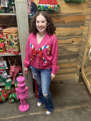 Queen of Sparkles - Pink Cardigan With Candy Cane and Bow