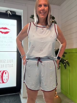QOS Light Blue Rhinestone Active Shorts