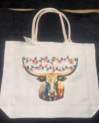 Christmas Longhorn & Lights Canvas 18"x14.5" Tote Bag