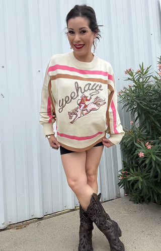 Queen of Sparkles - Beige Yeehaw Cowgirl Sweater