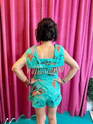 QOS Aqua Bucking Cowgirl Beaded Fringe Tie Collar Cotton Romper