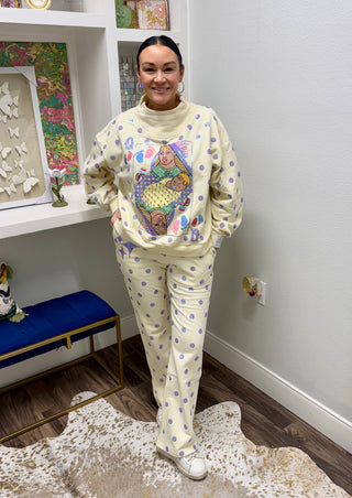 Queen of Sparkles Beige & Lavender Polka DotQOS Mama Card Logo Sweatshirt