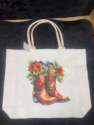 Christmas Red/Holly Boots Canvas 18"x14.5" Tote Bag