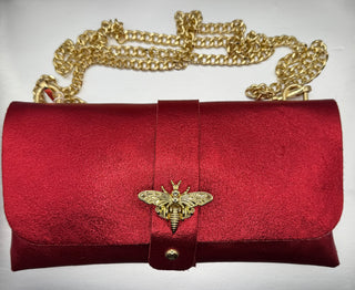 Red Leather Party Bag with Chain Handle and Shine Effect