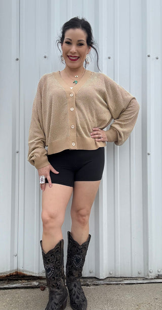 Queen of Sparkle - Tan Knit Cardigan with Clear Iridescent All Over Rhinestones