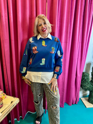 Queen of Sparkles Royal Blue Multi Cowboy Boot Sweatshirt