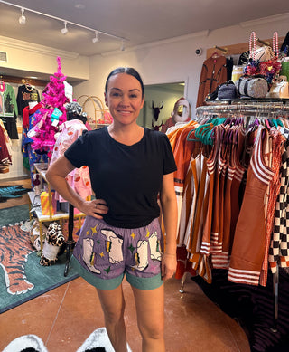 Queen of Sparkles Green &
Purple Stripe
Colorblock Mardi Gras Boot Shorts