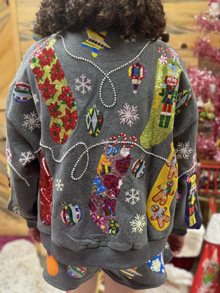 Queen of Sparkles - Charcoal Multi Hanging Christmas Stocking Sweatshirt