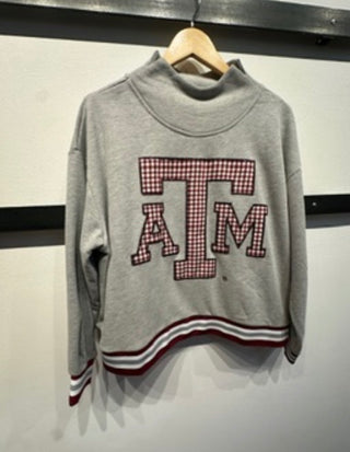 QOS Licensed Texas A&M Grey Gingham Mascot Mock Neck Sweatshirt