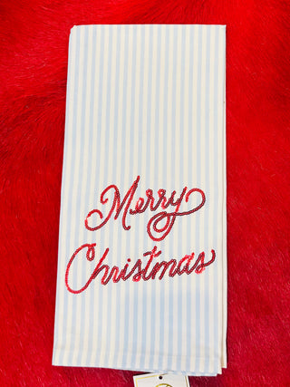 Blue Striped & Sequin Merry Christmas Tea Towel