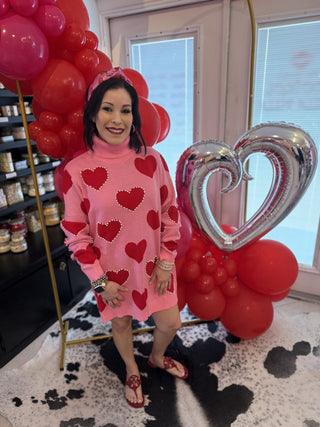 Brianna Cannon - Pink Sweater Tunic with Red Hearts and Pearls