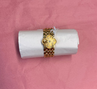 Thick Gold Watchband Bracelet w/ Crystal Starbursts and Starburst Textured Clover Magnetic Clip