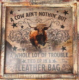 Painted Highland Cow 'Leather Bag' Wood Frame Sign 24 in x 24 in