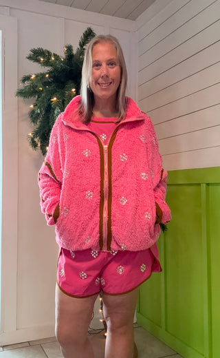QOS Hot Pink Rhinestone Zip Up Fleece