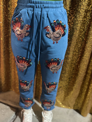 Queen of Sparkles - Dark Teal Beaded Turkeys All Over Joggers