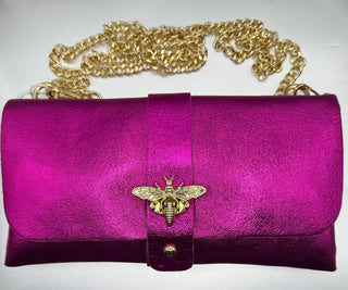 Fuchsia Leather Party Bag with Chain Handle and Shine Effect