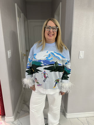 Queen of Sparkles Skiers on Mountain Feather Sleeve Sweater