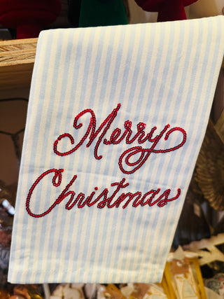 Blue Striped & Sequin Merry Christmas Tea Towel