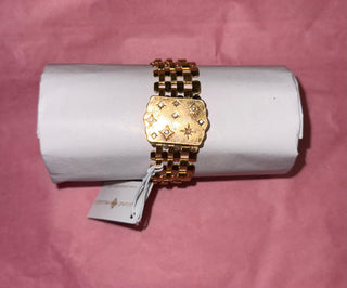 Thick Gold Watchband Bracelet w/ Crystal Starburst Rectangular Magnetic Clasp