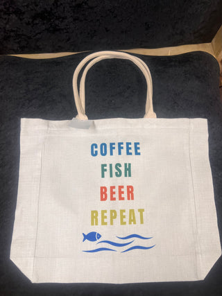 Coffee/Fish/Beer/Repeat Canvas 18"x14.5" Tote Bag