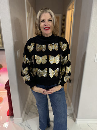 Queen of Sparkles Black & Gold Butterfly Mockneck Sweatshirt