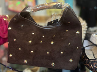 Suede Studded Top-Handle Shoulder Bag