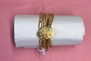 Gold Multi Layered Chains Bracelet W/Crystal Starbursts Gold Oval Magnetic Clasp