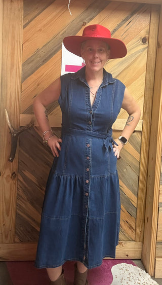 Dark Denim Wash Button Down Sleeveless Dress