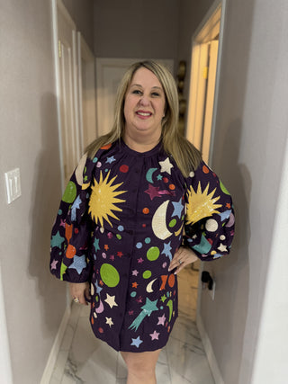 Queen of Sparkles Dark Purple  Multi Galaxy Button Up Cotton Bubble Sleeve Dress