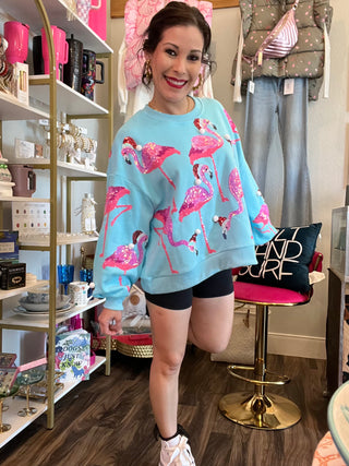 Queen of Sparkles - Aqua Flamingo In Santa Hats - Sweatshirt