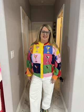 Queen of  Sparkles Multi Checkered Cosmo Button Up Sweater