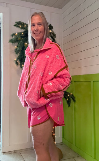 QOS Hot Pink Rhinestone Zip Up Fleece