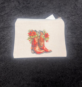 Christmas Red/Holly Boots Canvas 8.5"x6.5" Accessory Bag