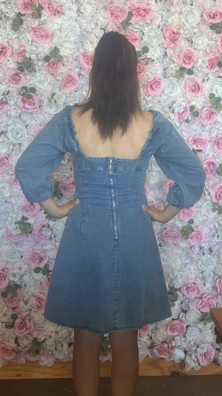 Light Washed Ruffle Puff Shoulder Denim Dress