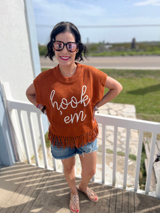 Queen of Sparkles - 
Texas Longhorn Burnt Orange & 'Hook Em' Fringe Sweater Vest