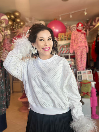 Queen of Sparkles - White Scattered Rhinestone Feather Tinsel Sweatshirt