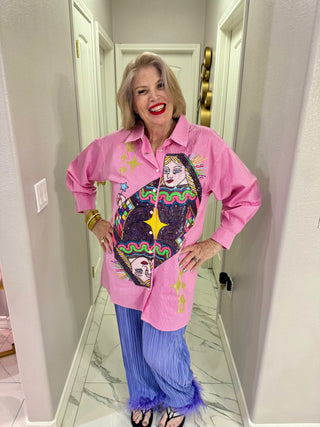 Queen of Sparkles Pink Queen Card Button Up Collar Cotton Dress