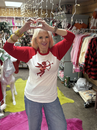 Red/White Sequins Cupid Baseball Style Shirt