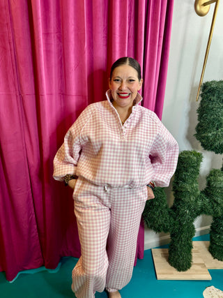 Pink Gingham Snap Button Sweatshirt