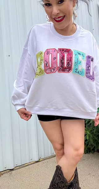 Queen of Sparkles - White Multi Bandana Sequin 'Rodeo' Sweatshirt