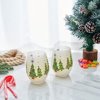 Christmas Tree Holiday Themed Wine Water Glasses Set Of 2 Shining Red Green Yellow Silver Holidays P