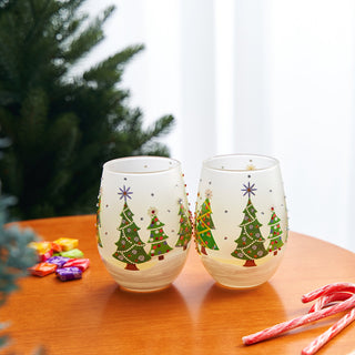 Christmas Tree Holiday Themed Wine Water Glasses Set Of 2 Shining Red Green Yellow Silver Holidays P
