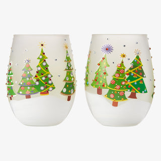 Christmas Tree Holiday Themed Wine Water Glasses Set Of 2 Shining Red Green Yellow Silver Holidays P