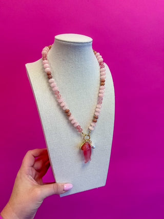 Gemstone with Fish Charm Necklace  - Pink